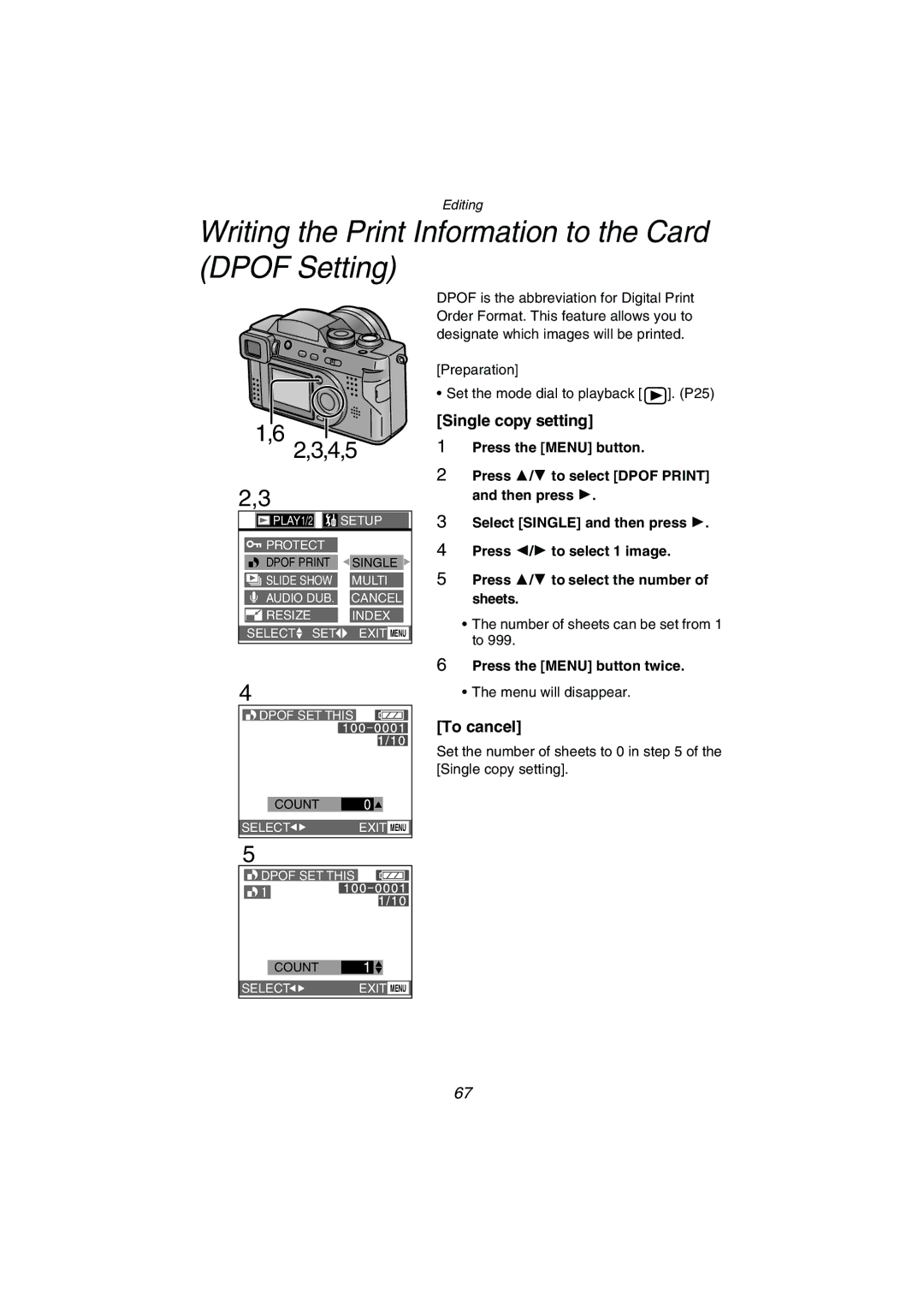 Panasonic DMC-FZ1PP Writing the Print Information to the Card Dpof Setting, Single copy setting, To cancel 