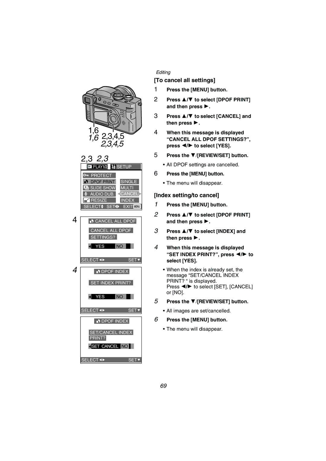 Panasonic DMC-FZ1PP operating instructions To cancel all settings, Index setting/to cancel 