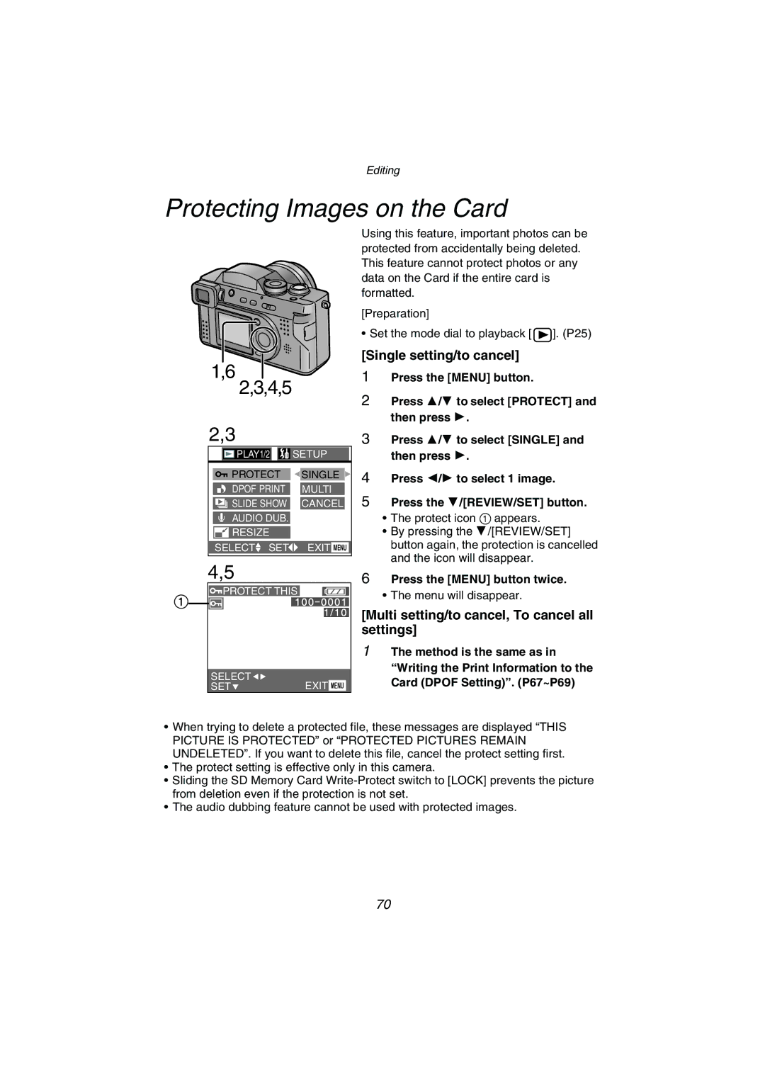 Panasonic DMC-FZ1PP operating instructions Protecting Images on the Card, Single setting/to cancel 