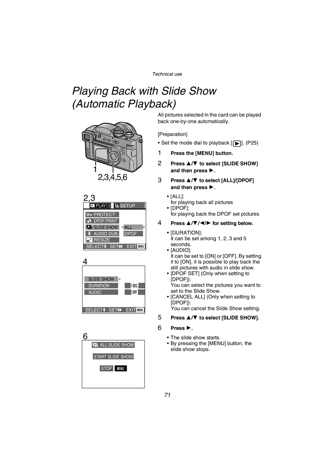 Panasonic DMC-FZ1PP operating instructions Playing Back with Slide Show Automatic Playback, Press 3/4/2/1 for setting below 