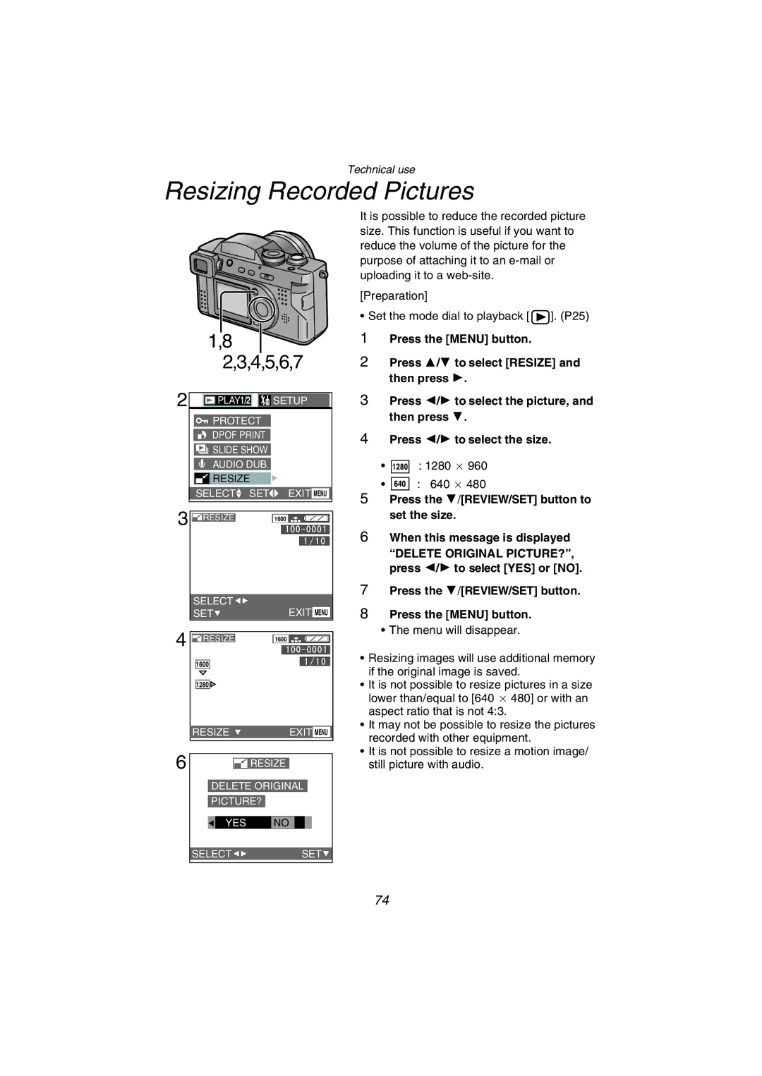 Panasonic DMC-FZ1PP operating instructions Resizing Recorded Pictures, 4,5,6,7 