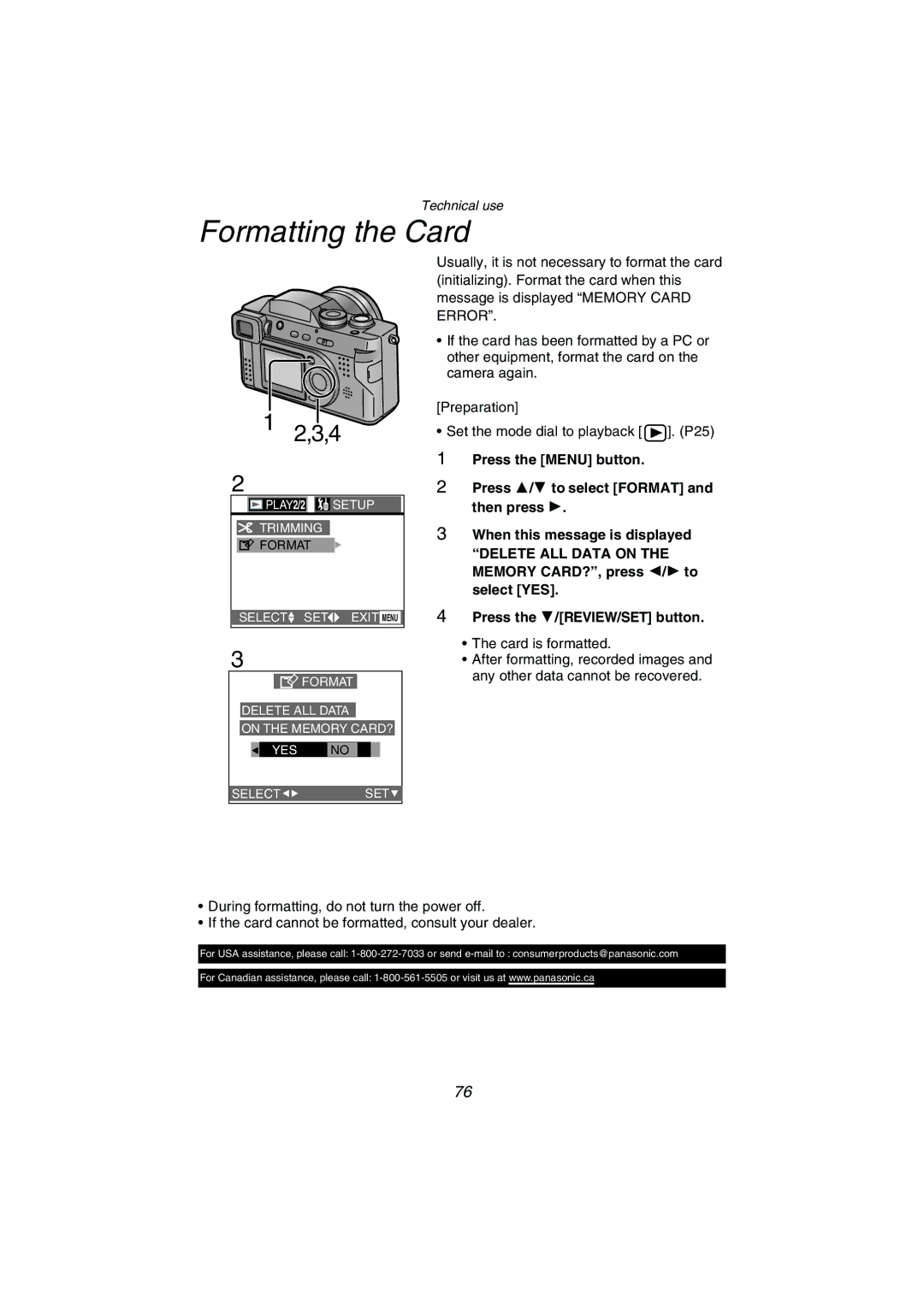 Panasonic DMC-FZ1PP operating instructions Formatting the Card 