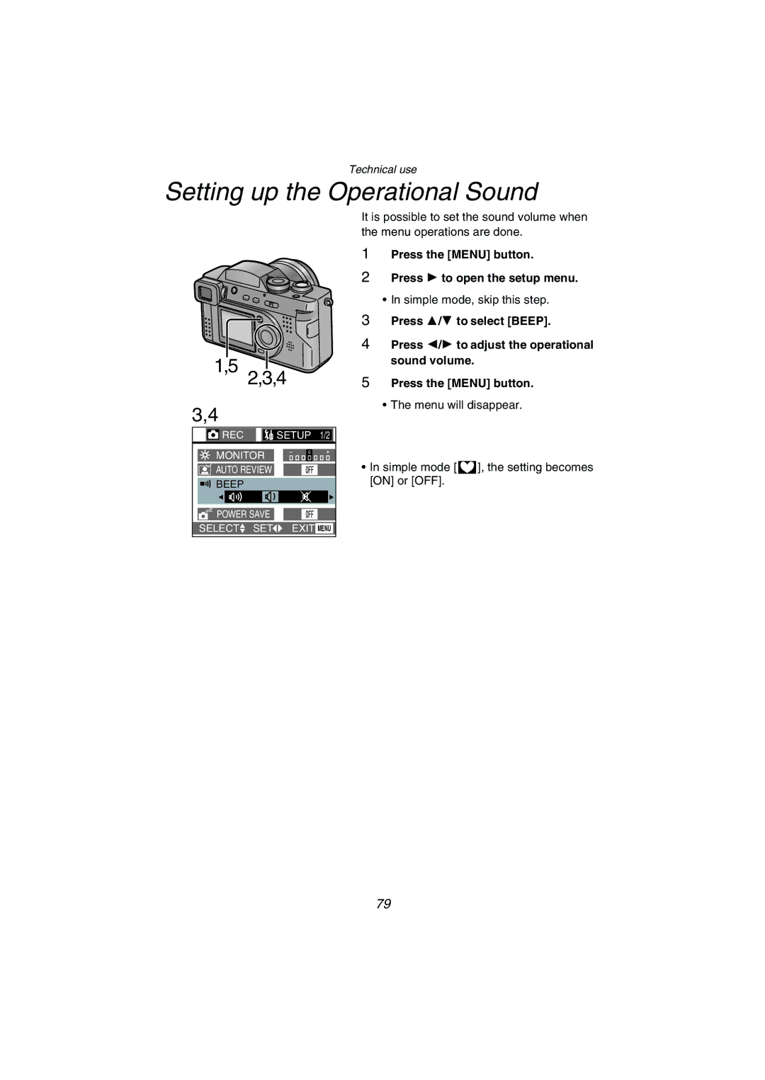 Panasonic DMC-FZ1PP Setting up the Operational Sound, Press the Menu button Press 1 to open the setup menu 