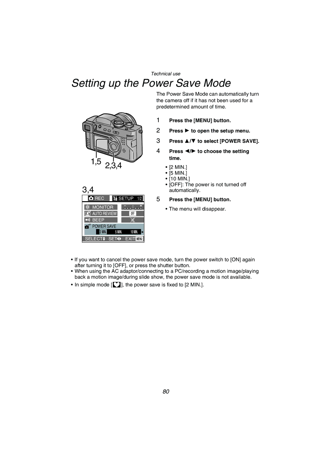 Panasonic DMC-FZ1PP operating instructions Setting up the Power Save Mode 