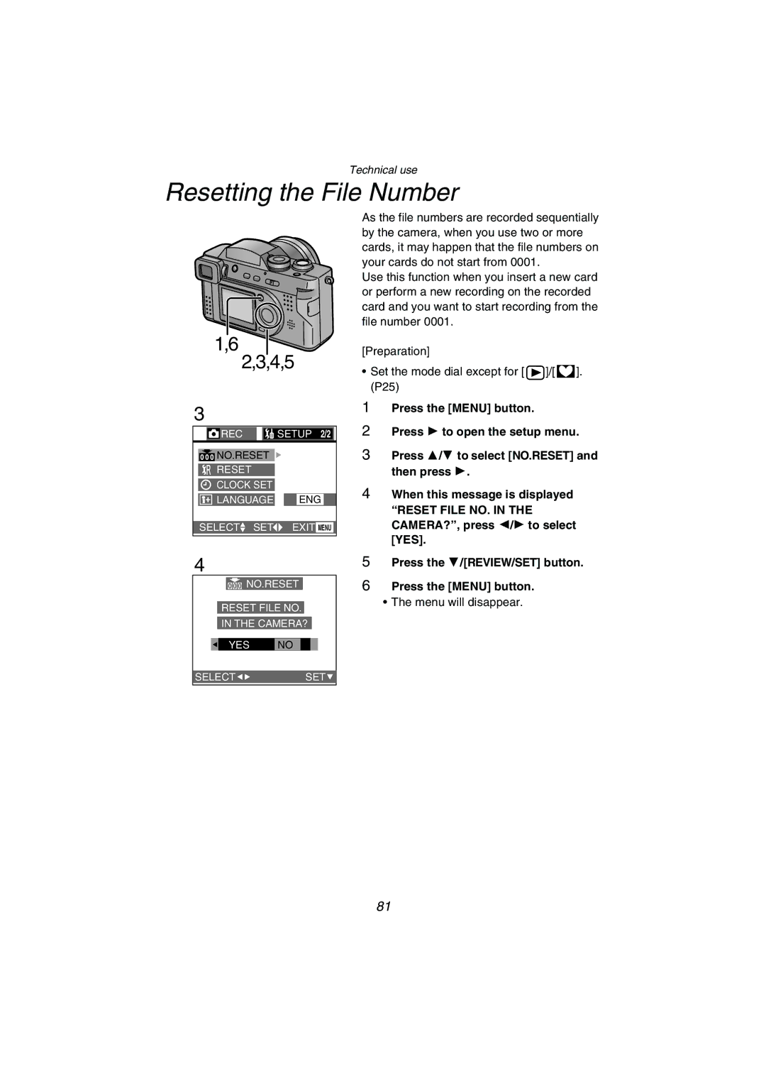 Panasonic DMC-FZ1PP operating instructions Resetting the File Number 