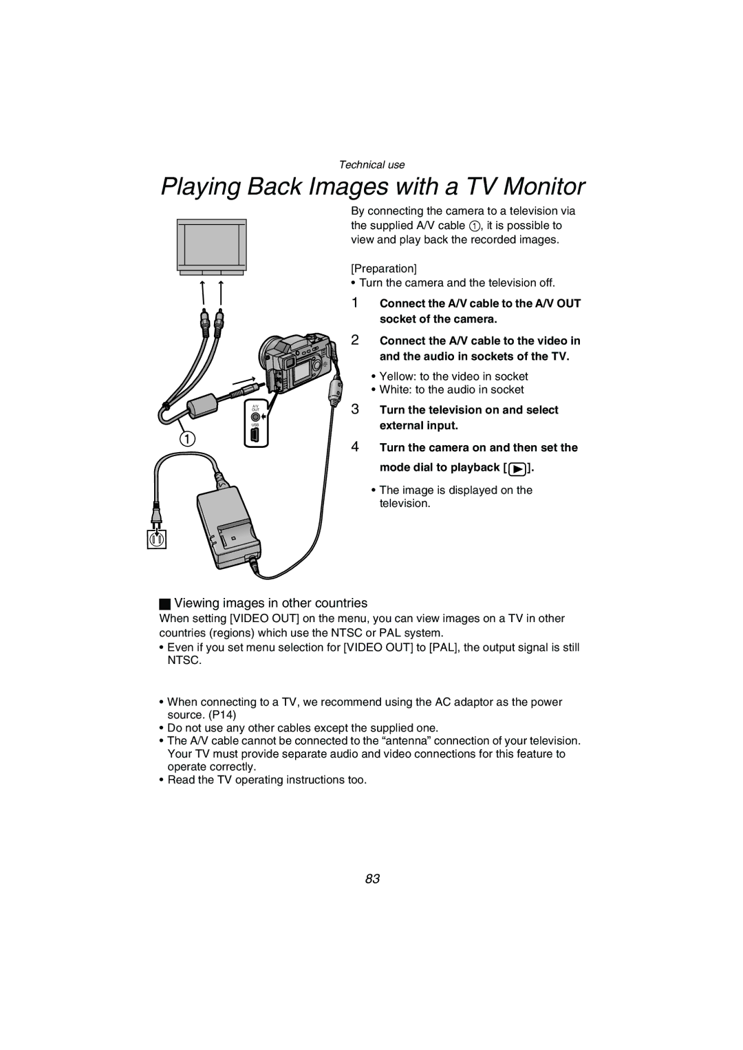 Panasonic DMC-FZ1PP Playing Back Images with a TV Monitor, Connect the A/V cable to the A/V OUT socket of the camera 