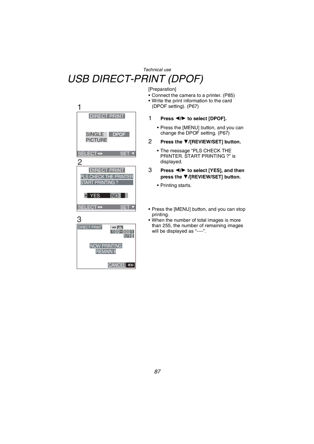 Panasonic DMC-FZ1PP operating instructions USB DIRECT-PRINT Dpof, Press 2/1 to select Dpof 