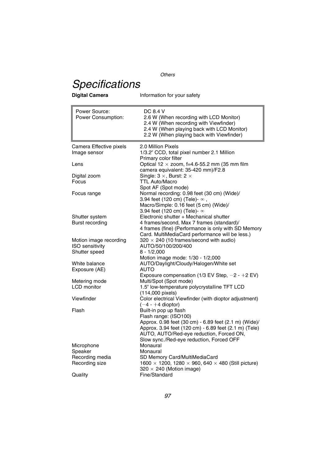 Panasonic DMC-FZ1PP operating instructions Specifications, Digital Camera 