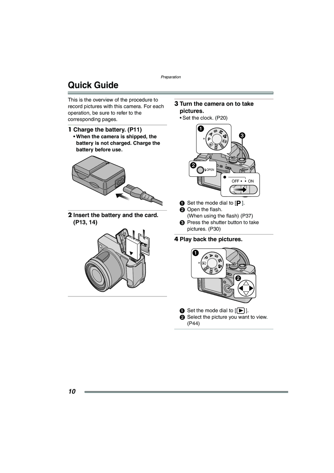 Panasonic DMC-FZ20GN Quick Guide, Charge the battery. P11, Turn the camera on to take pictures, Play back the pictures 