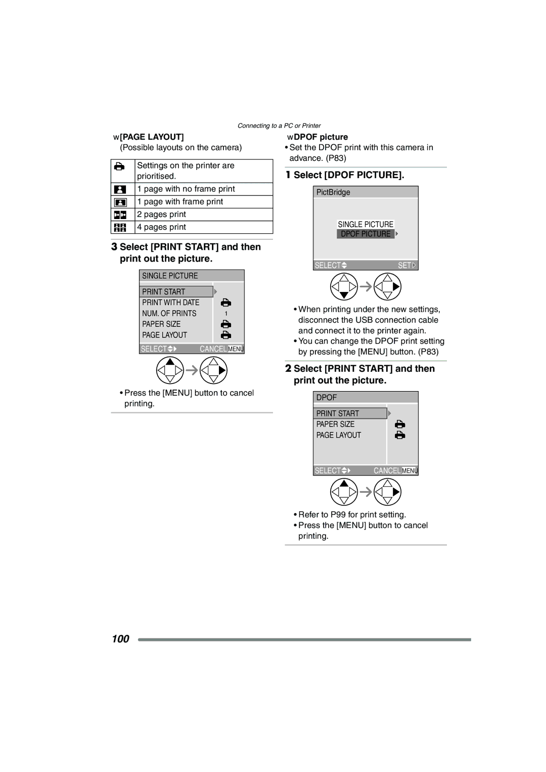 Panasonic DMC-FZ20GN Select Print Start and then print out the picture, Select Dpof Picture, Dpof picture 