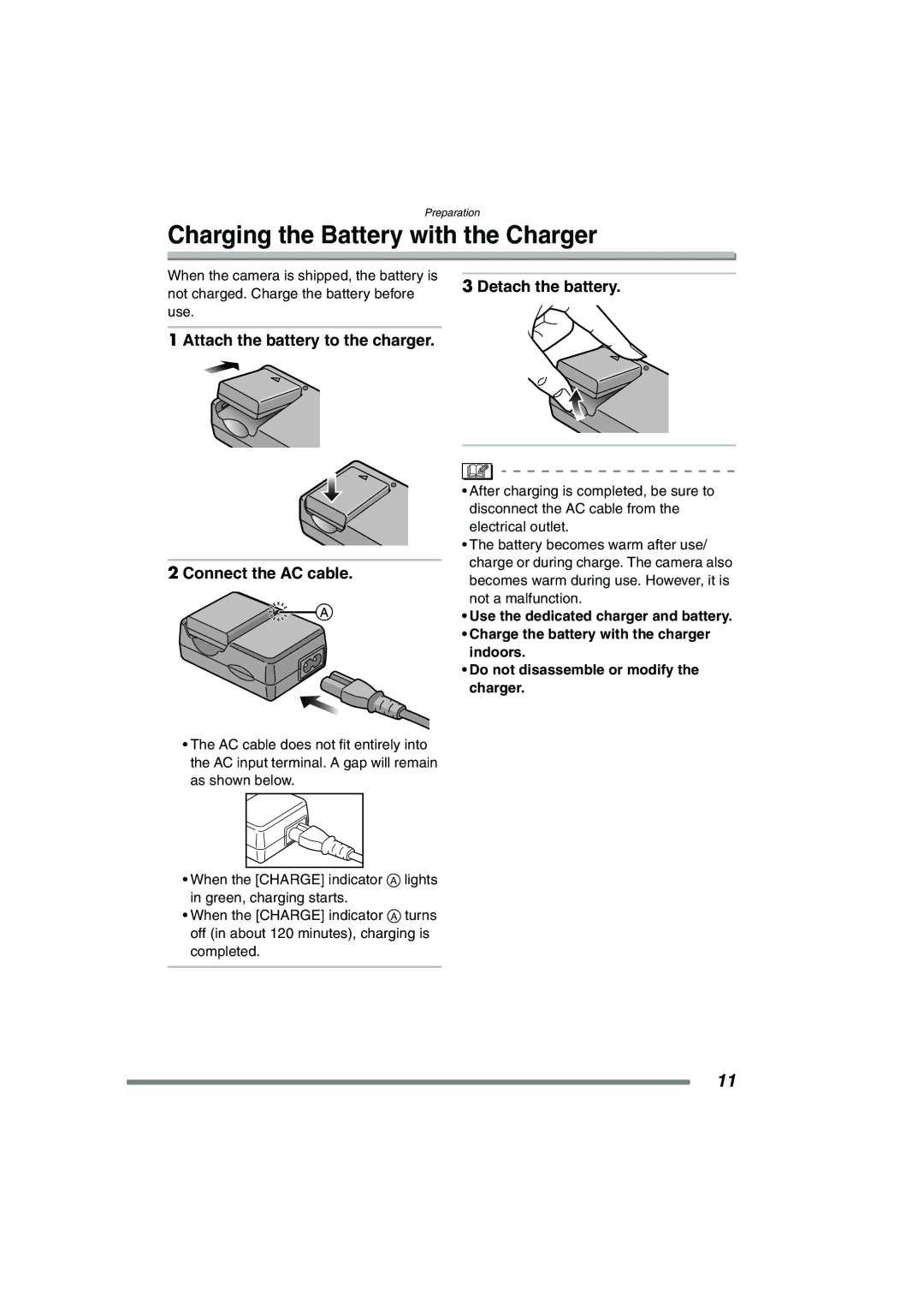 Panasonic DMC-FZ20GN operating instructions Charging the Battery with the Charger, Detach the battery 