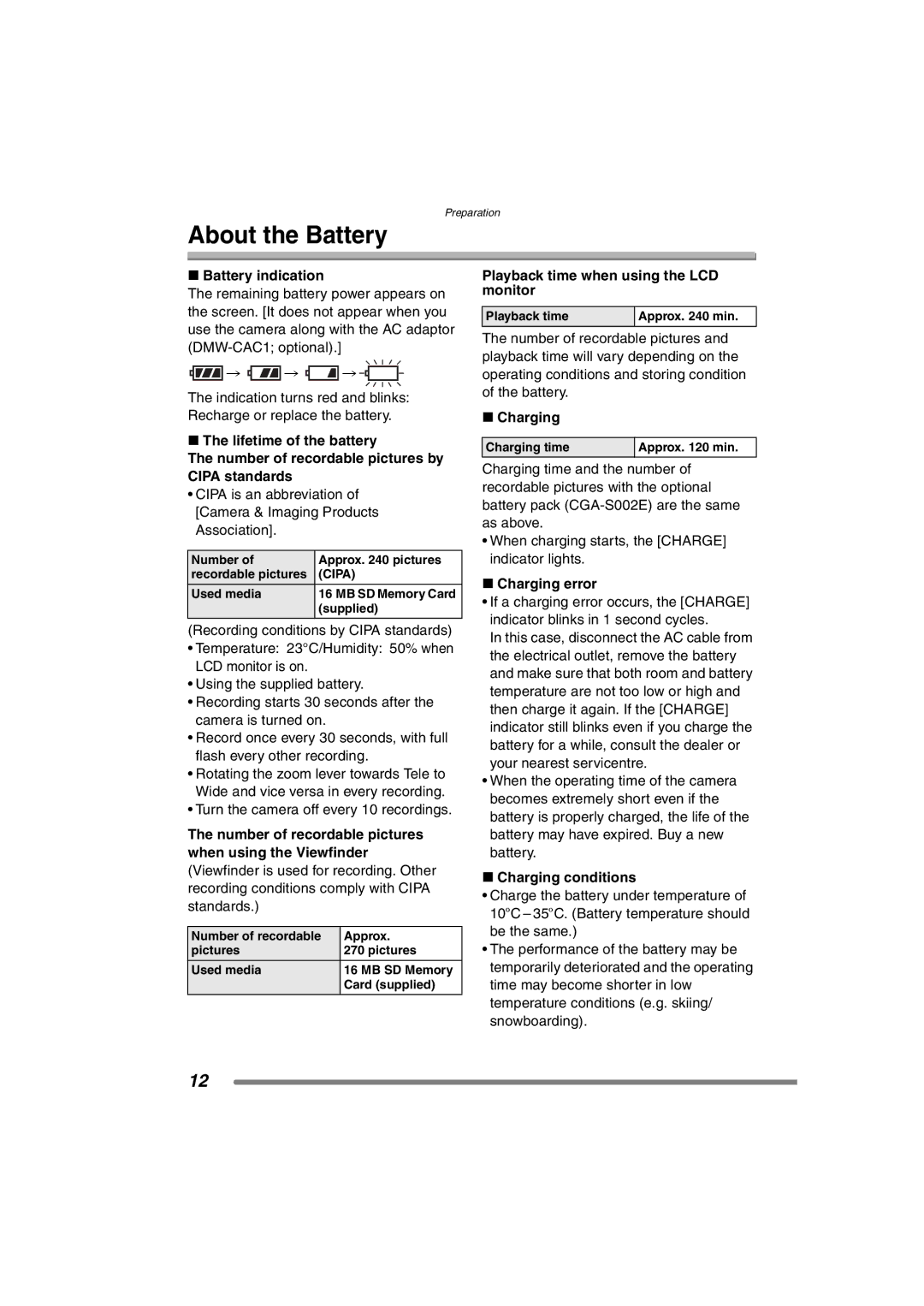 Panasonic DMC-FZ20GN operating instructions About the Battery 