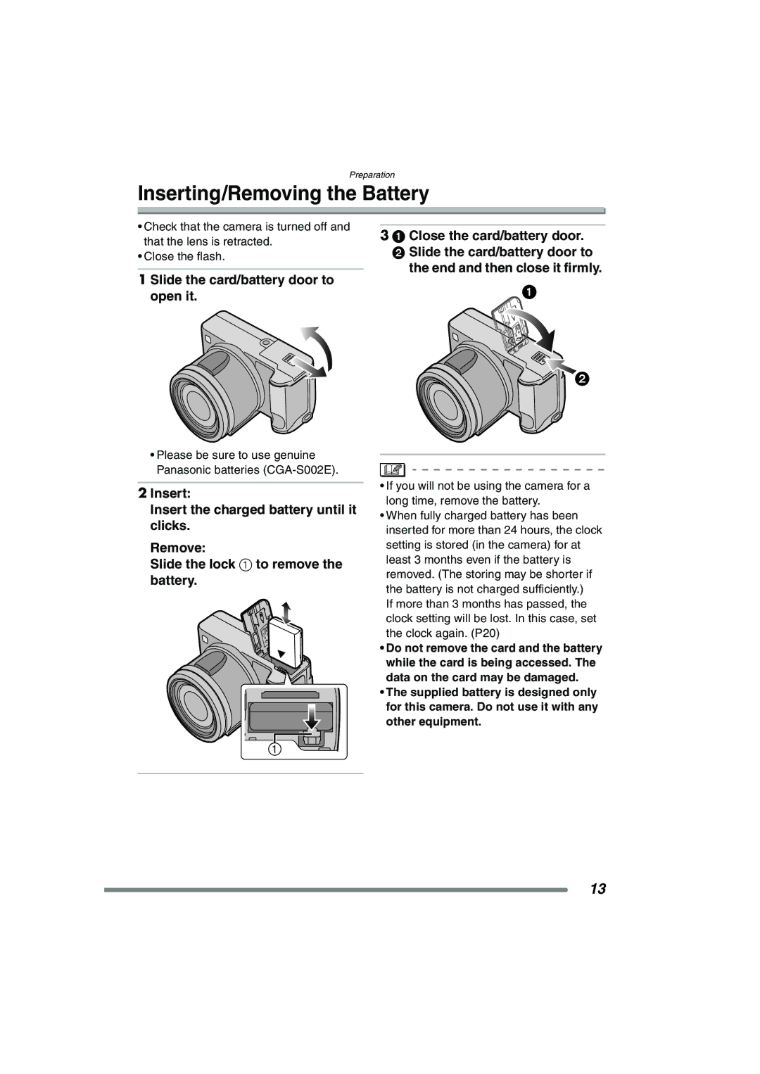 Panasonic DMC-FZ20GN operating instructions Inserting/Removing the Battery, Slide the card/battery door to open it 