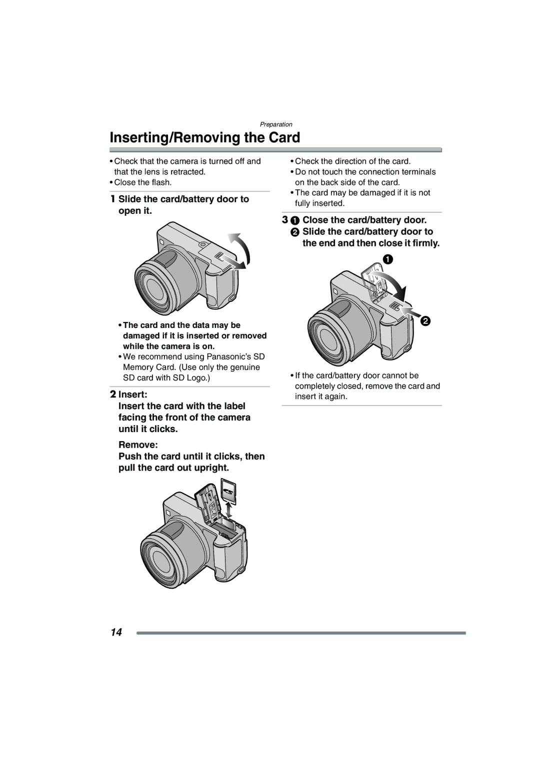 Panasonic DMC-FZ20GN operating instructions Inserting/Removing the Card 