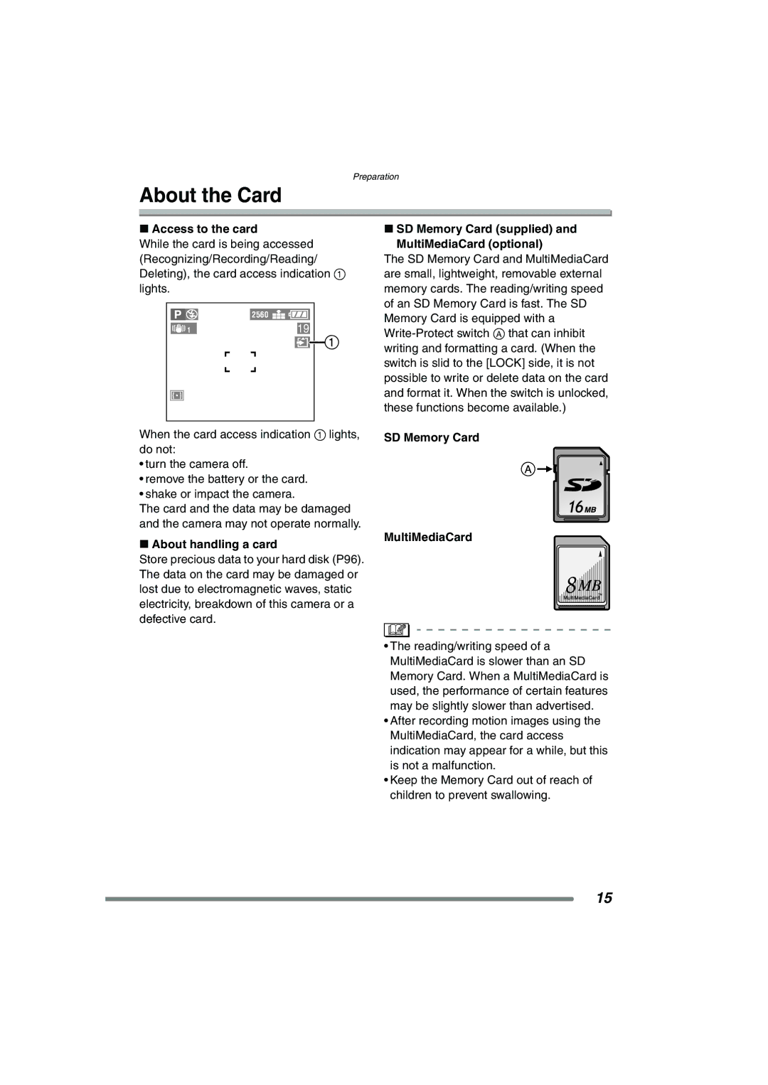 Panasonic DMC-FZ20GN About the Card, Access to the card, About handling a card, SD Memory Card MultiMediaCard 