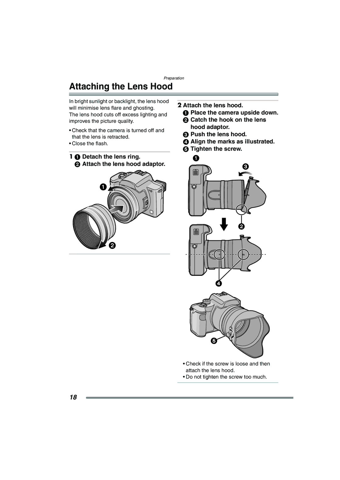 Panasonic DMC-FZ20GN operating instructions Attaching the Lens Hood 