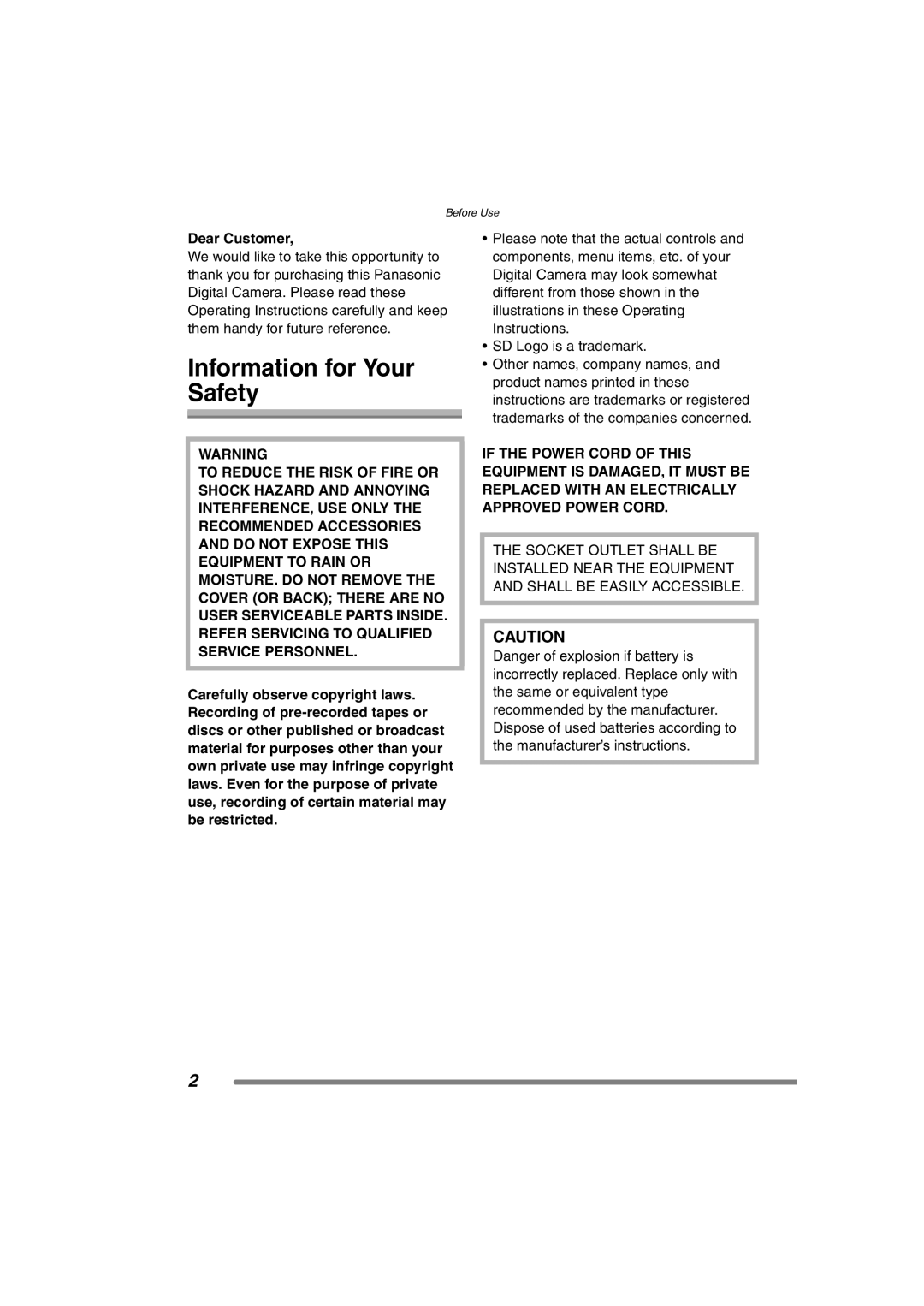 Panasonic DMC-FZ20GN operating instructions Information for Your Safety, Dear Customer 