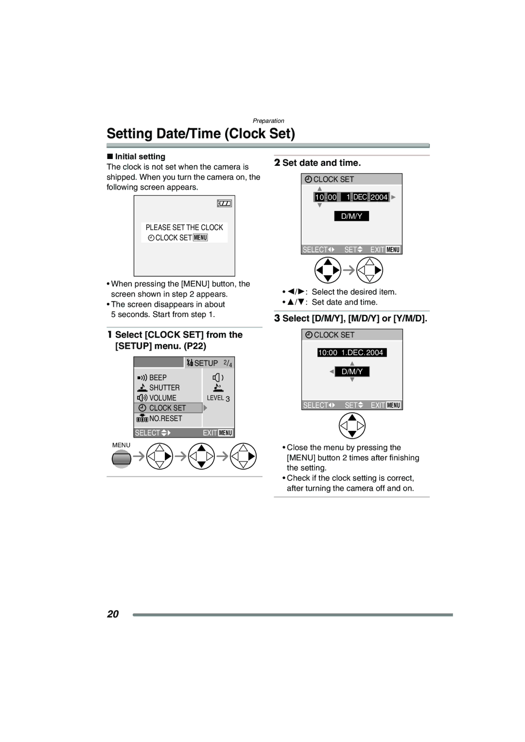 Panasonic DMC-FZ20GN Setting Date/Time Clock Set, Select Clock SET from, Setup menu. P22, Set date and time 