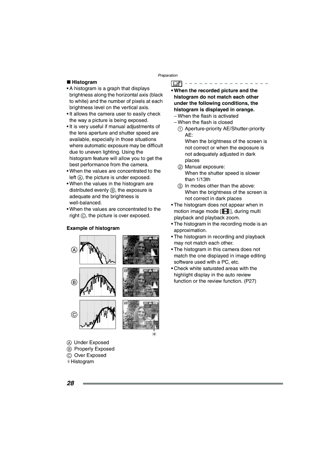 Panasonic DMC-FZ20GN operating instructions Histogram, Example of histogram 