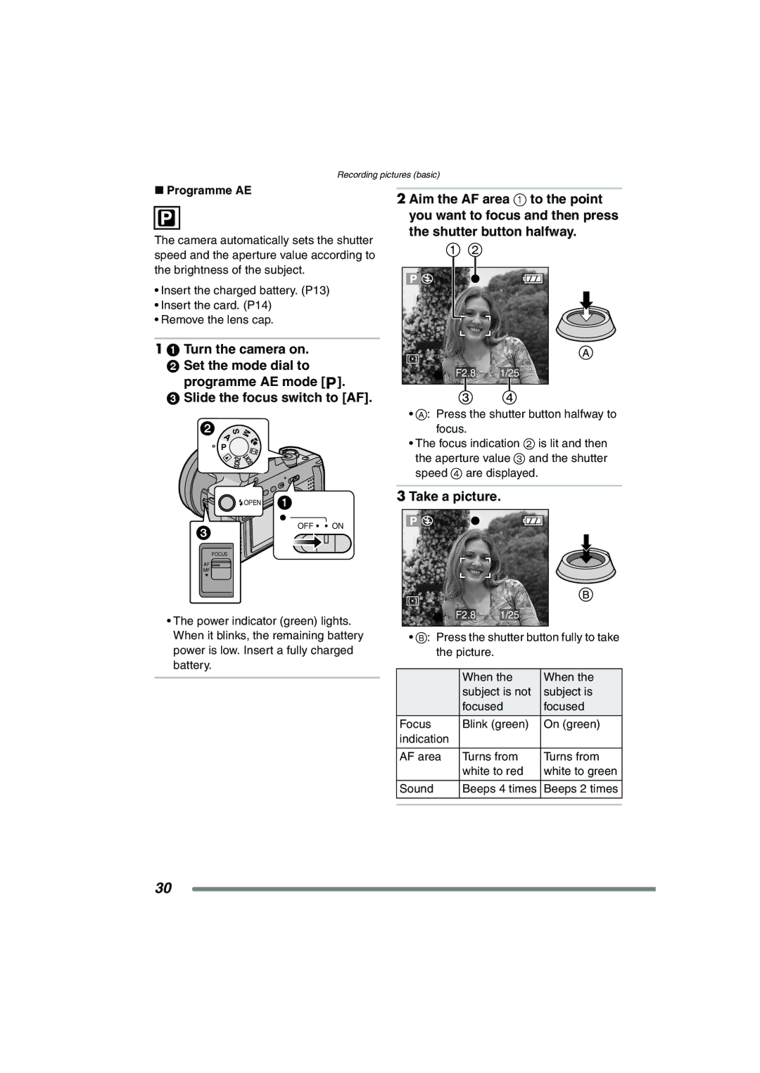 Panasonic DMC-FZ20GN operating instructions Take a picture, Programme AE 