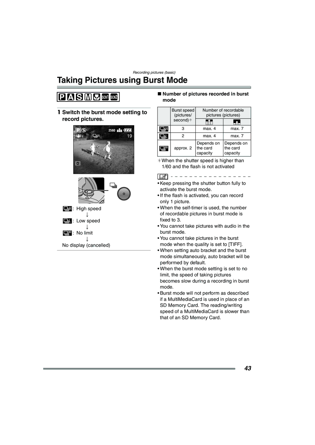 Panasonic DMC-FZ20GN Taking Pictures using Burst Mode, Switch the burst mode setting to record pictures 