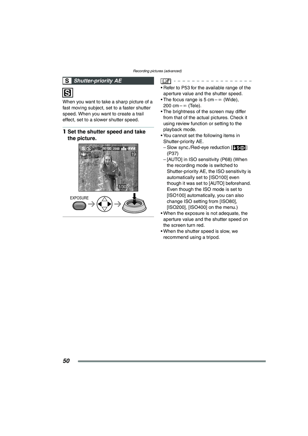 Panasonic DMC-FZ20GN operating instructions Shutter-priority AE, Set the shutter speed and take the picture 