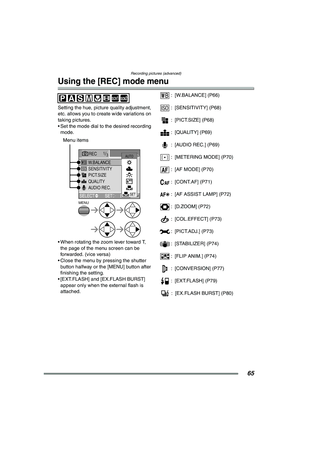 Panasonic DMC-FZ20GN operating instructions Using the REC mode menu, Metering Mode P70, Conversion P77 