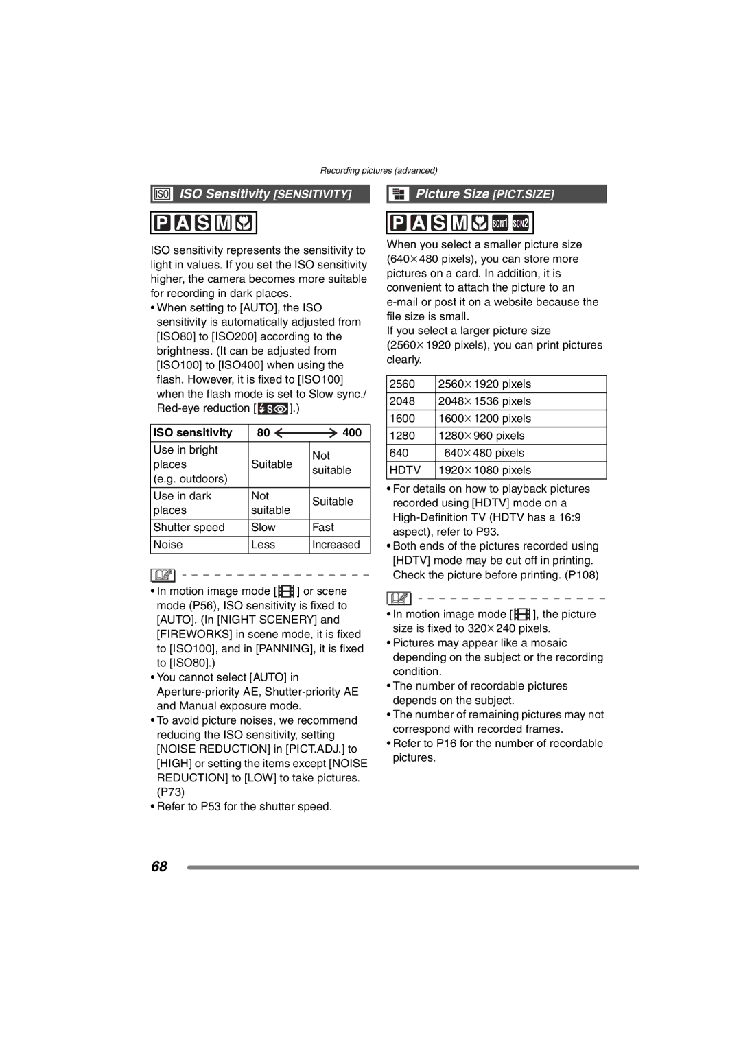 Panasonic DMC-FZ20GN operating instructions ISO Sensitivity Sensitivity, Picture Size PICT.SIZE, ISO sensitivity 400, Hdtv 