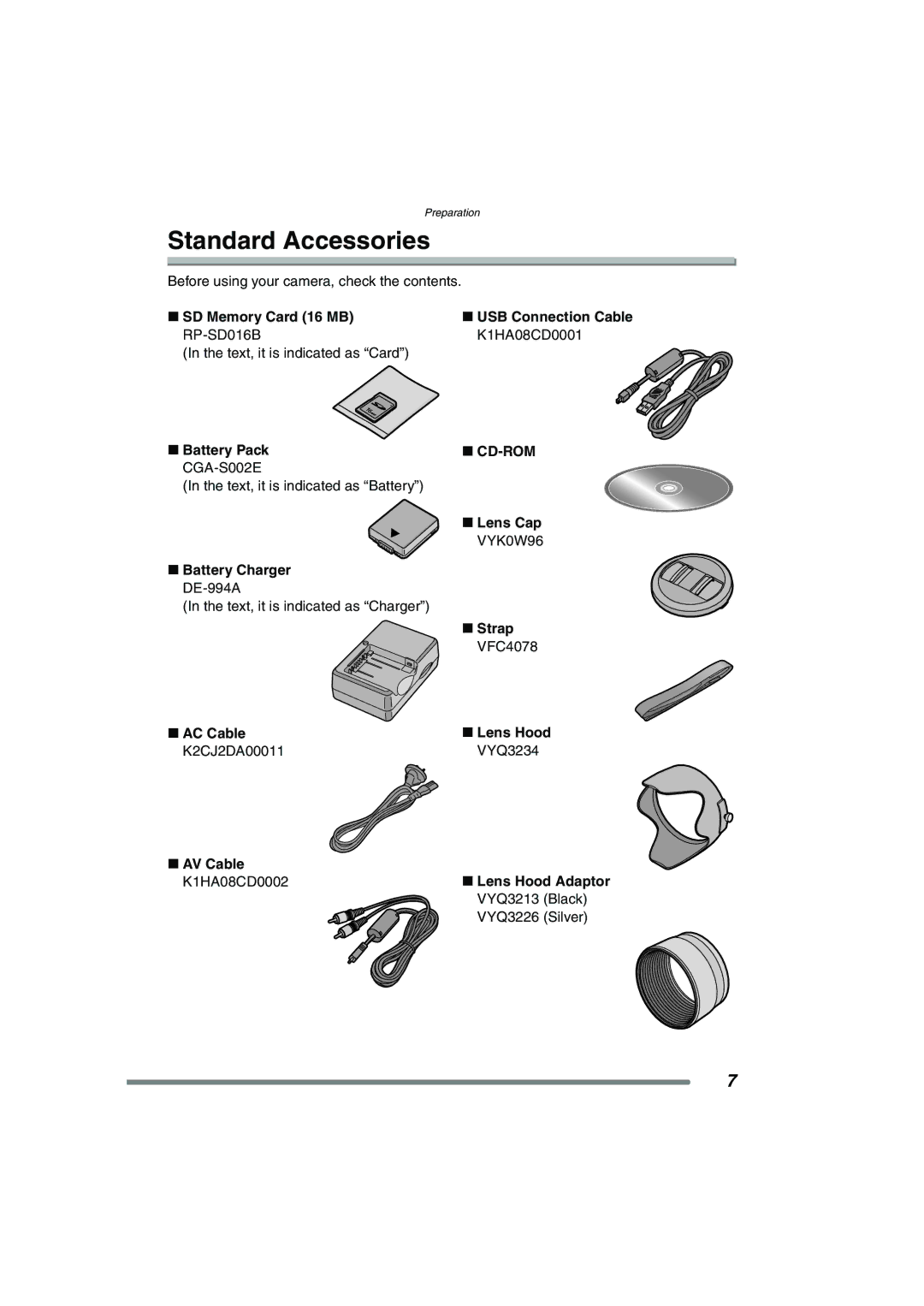 Panasonic DMC-FZ20GN operating instructions Standard Accessories, SD Memory Card 16 MB RP-SD016B, Battery Pack CGA-S002E 