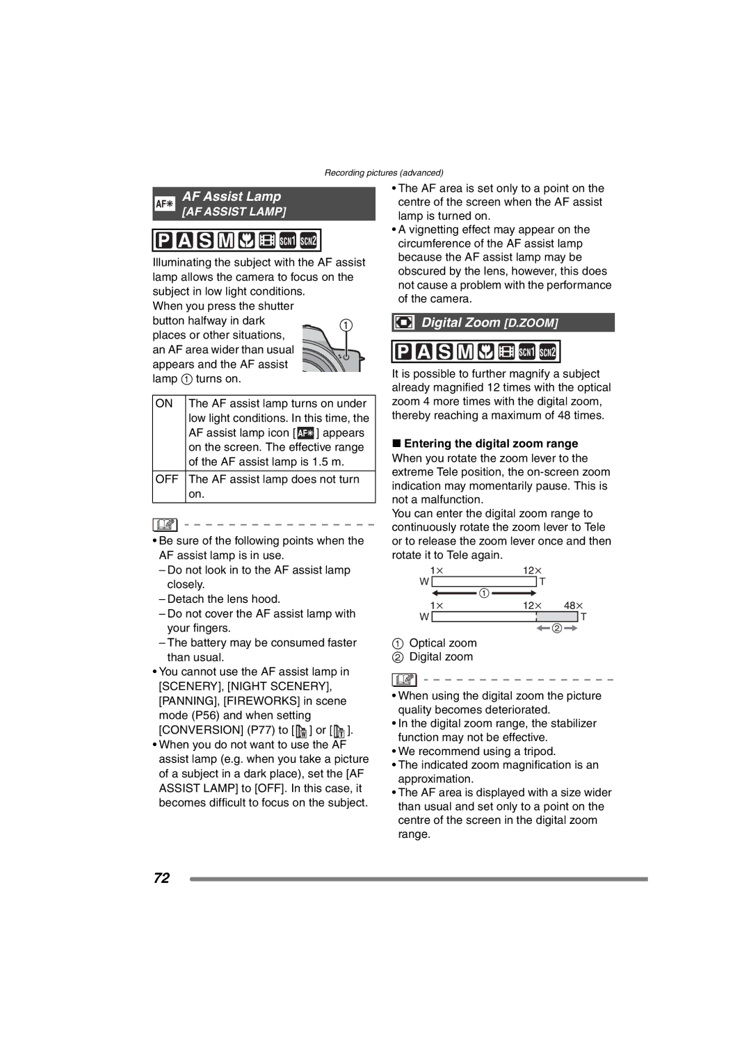 Panasonic DMC-FZ20GN operating instructions AF Assist Lamp, Digital Zoom D.ZOOM, Off 