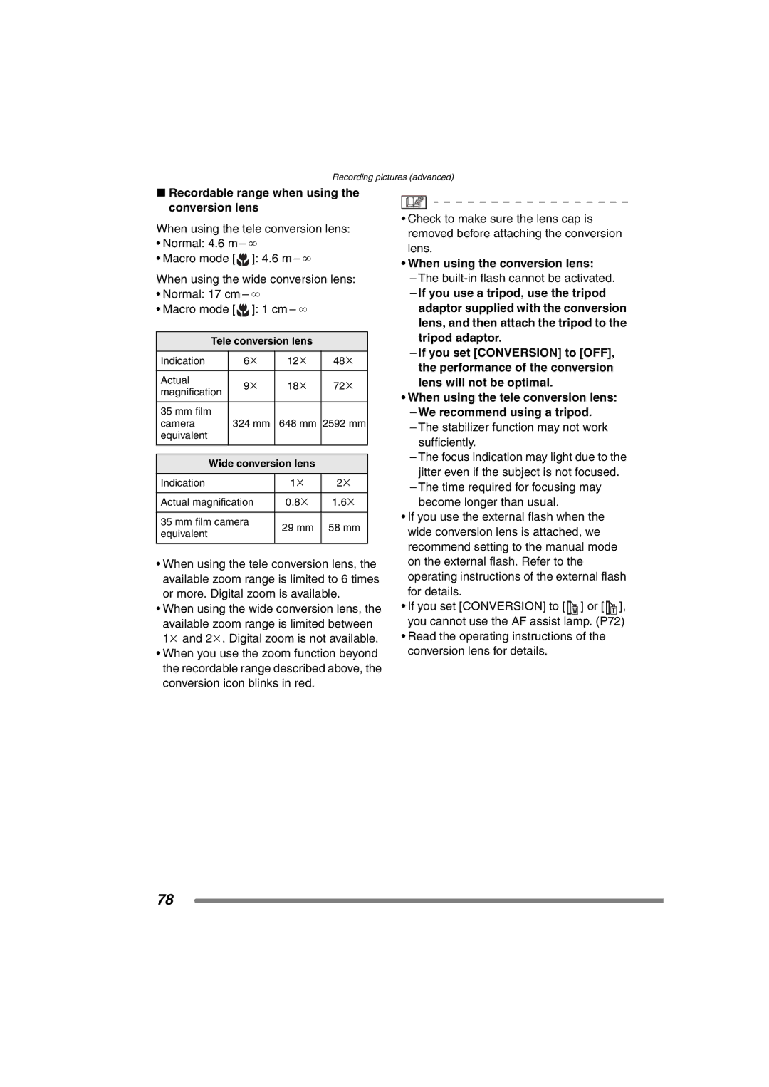 Panasonic DMC-FZ20GN operating instructions Recordable range when using the conversion lens, When using the conversion lens 