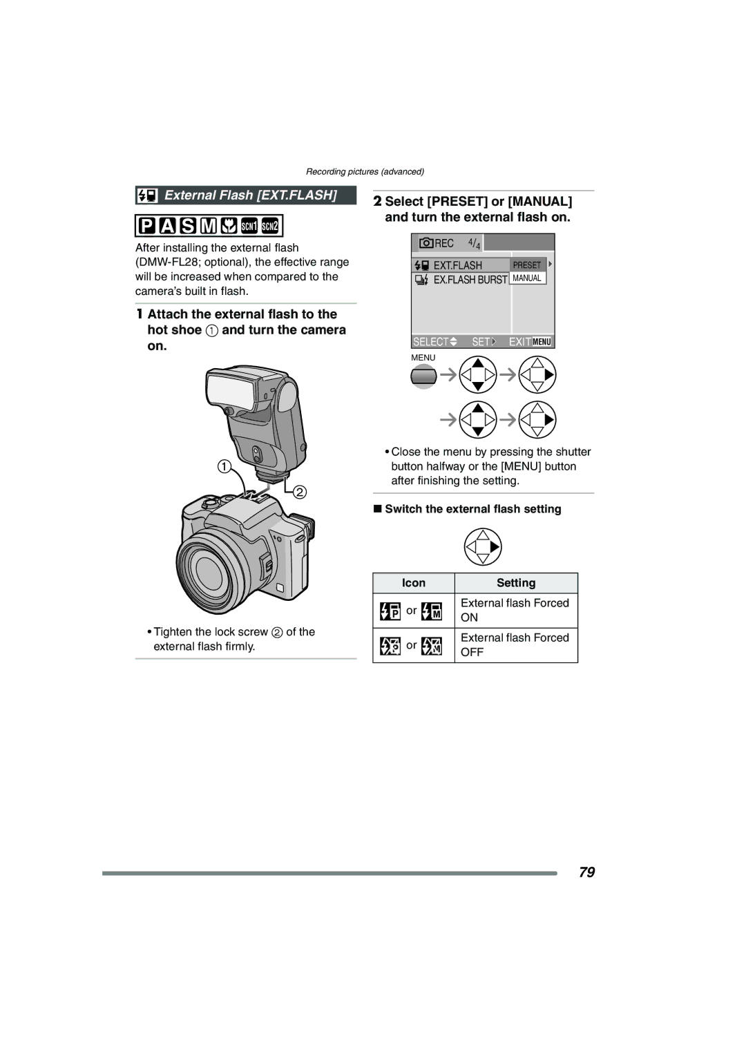 Panasonic DMC-FZ20GN operating instructions External Flash EXT.FLASH, Switch the external flash setting Icon Setting 