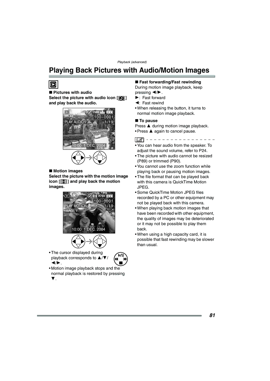 Panasonic DMC-FZ20GN operating instructions Playing Back Pictures with Audio/Motion Images, To pause 