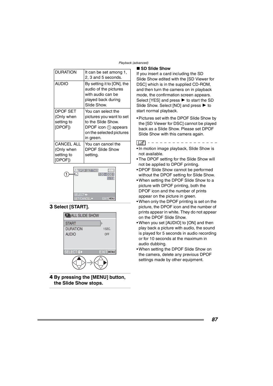 Panasonic DMC-FZ20GN operating instructions Select Start, By pressing the Menu button, the Slide Show stops, SD Slide Show 