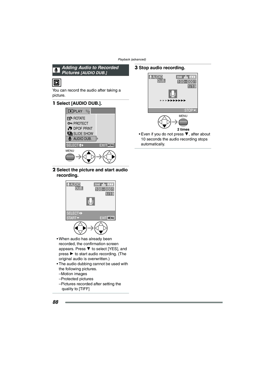 Panasonic DMC-FZ20GN operating instructions Adding Audio to Recorded Stop audio recording, Select Audio DUB 