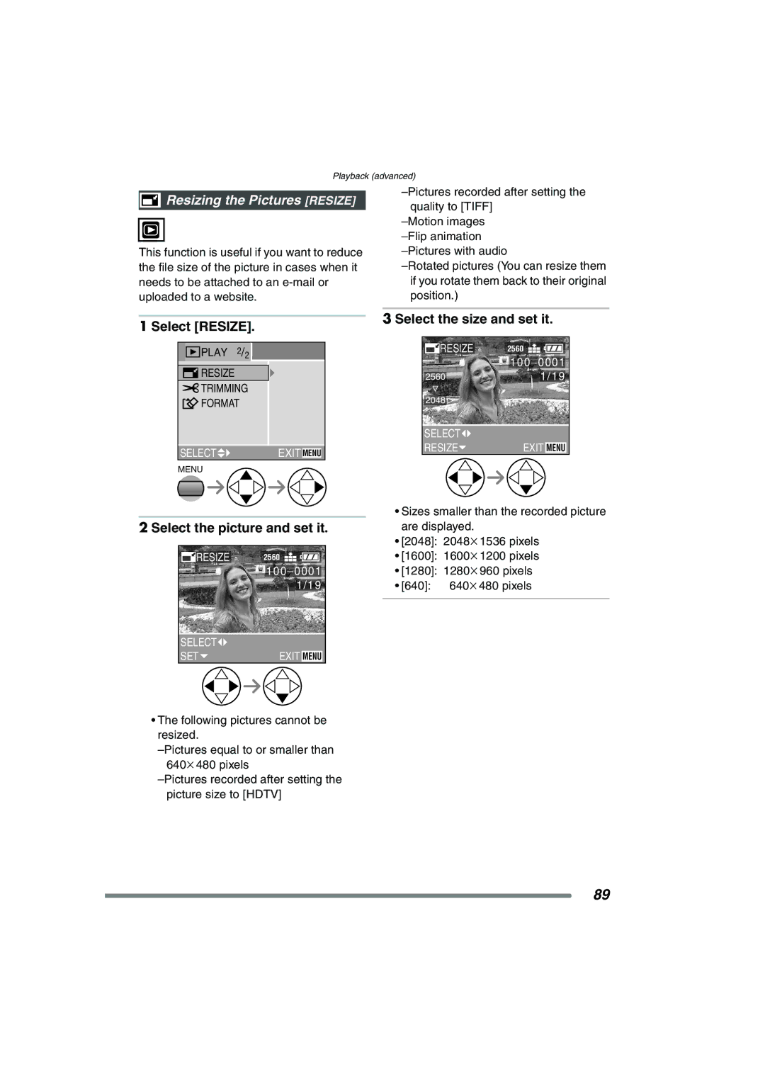 Panasonic DMC-FZ20GN operating instructions Resizing the Pictures Resize, Select Resize, Select the picture and set it 