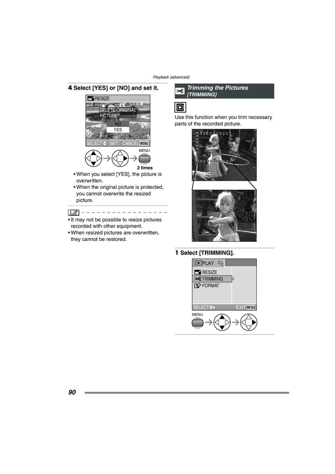 Panasonic DMC-FZ20GN operating instructions Select YES or no and set it, Trimming the Pictures, Select Trimming 