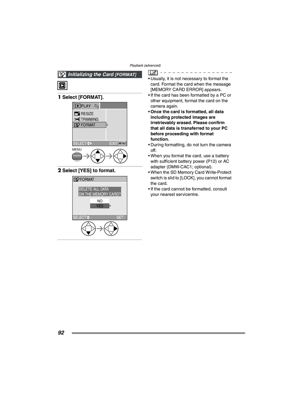 Panasonic DMC-FZ20GN operating instructions Initializing the Card Format, Select Format, Select YES to format 