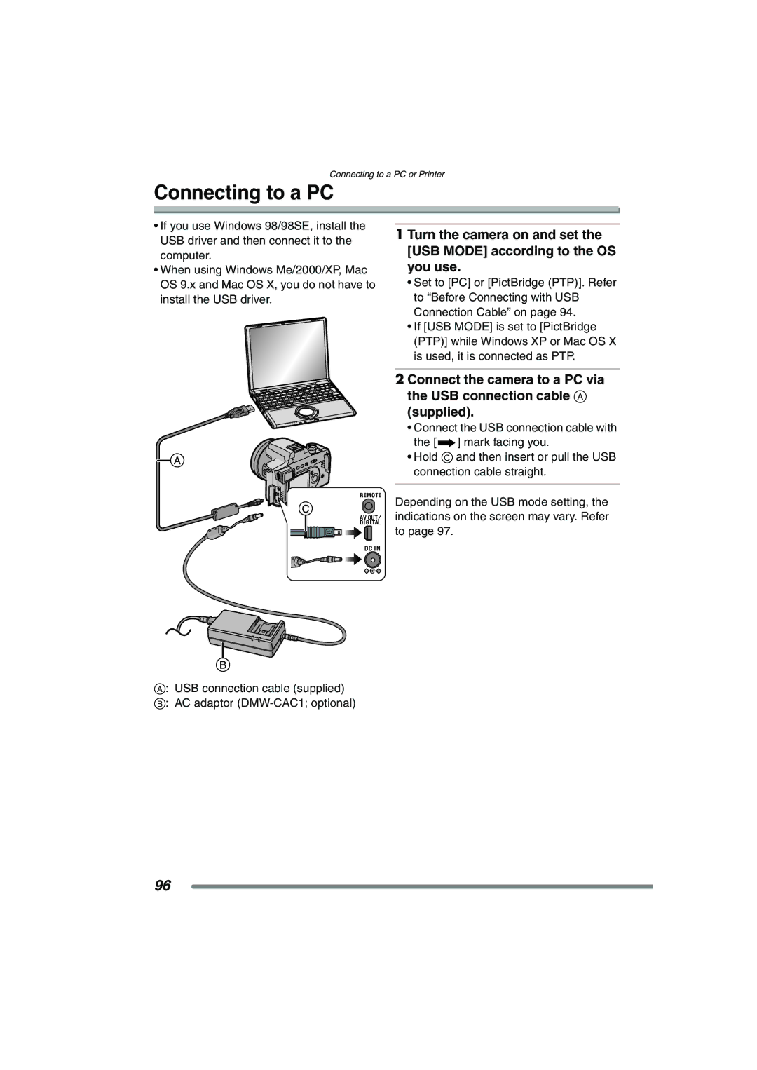 Panasonic DMC-FZ20GN operating instructions Connecting to a PC 