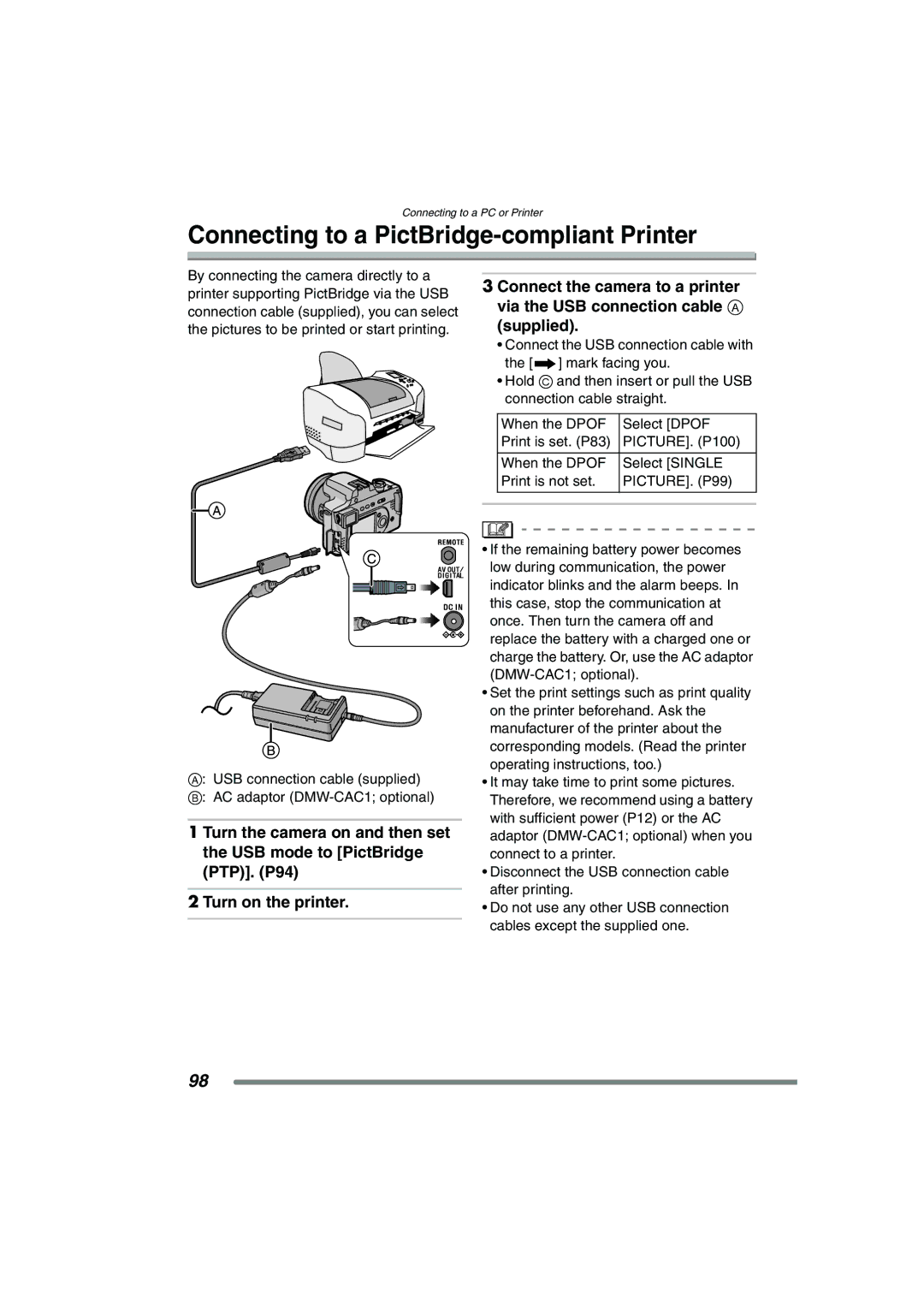 Panasonic DMC-FZ20GN operating instructions Connecting to a PictBridge-compliant Printer, PICTURE. P99 