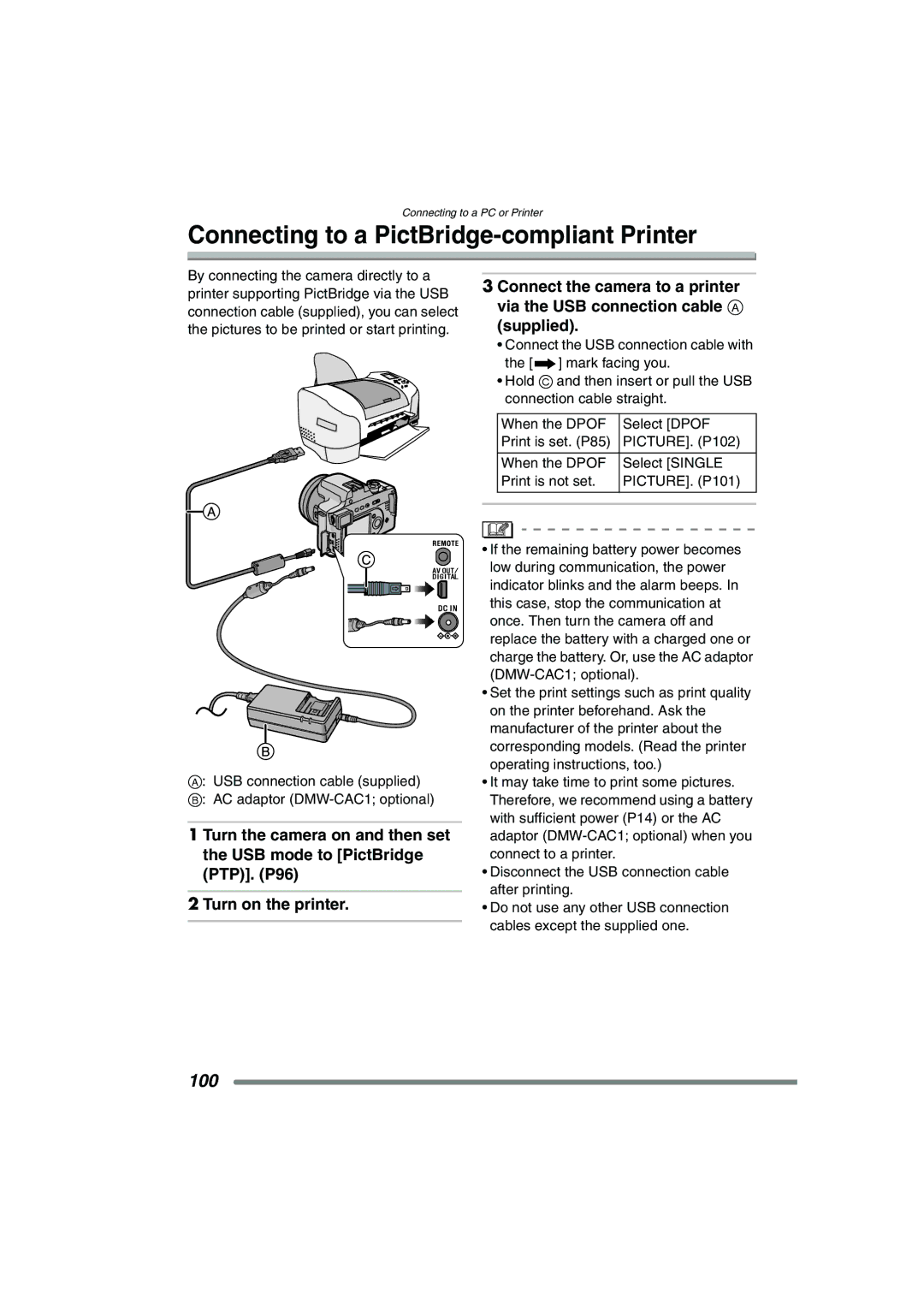 Panasonic DMC-FZ20PP operating instructions Connecting to a PictBridge-compliant Printer, 100 