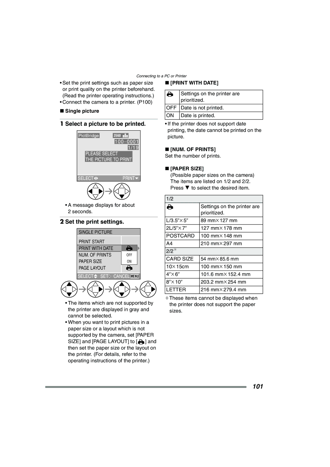 Panasonic DMC-FZ20PP operating instructions 101, Select a picture to be printed, Set the print settings, Single picture 