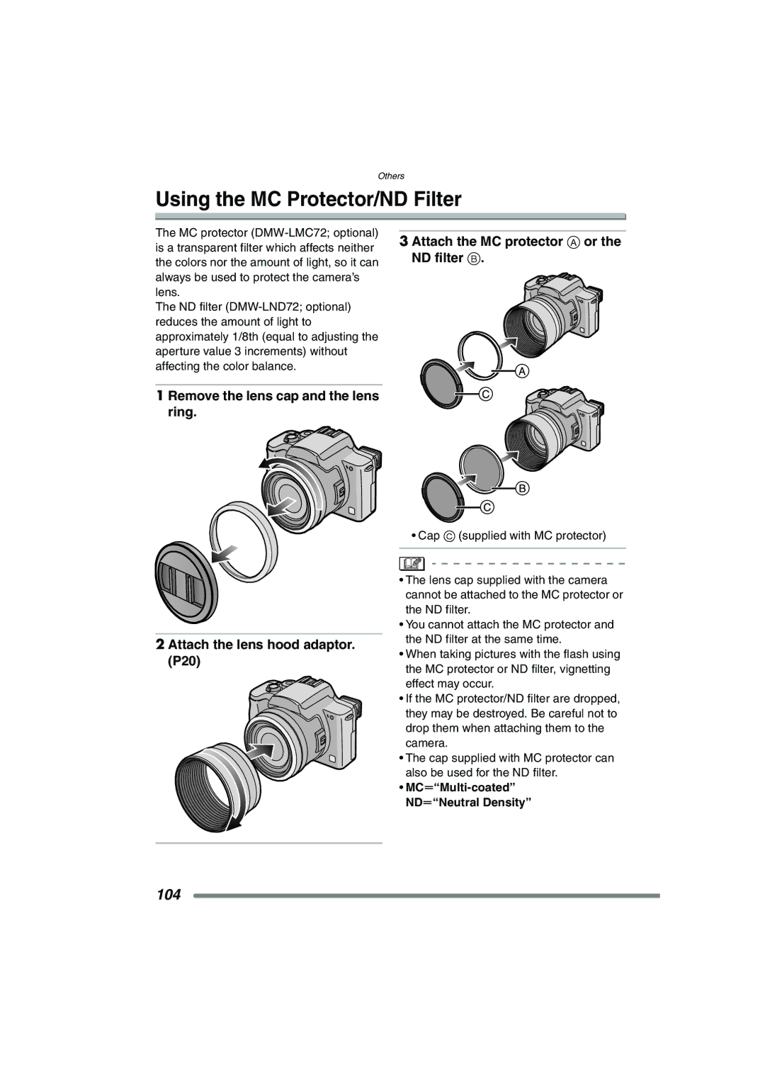 Panasonic DMC-FZ20PP operating instructions Using the MC Protector/ND Filter, 104, MCuMulti-coated NDuNeutral Density 