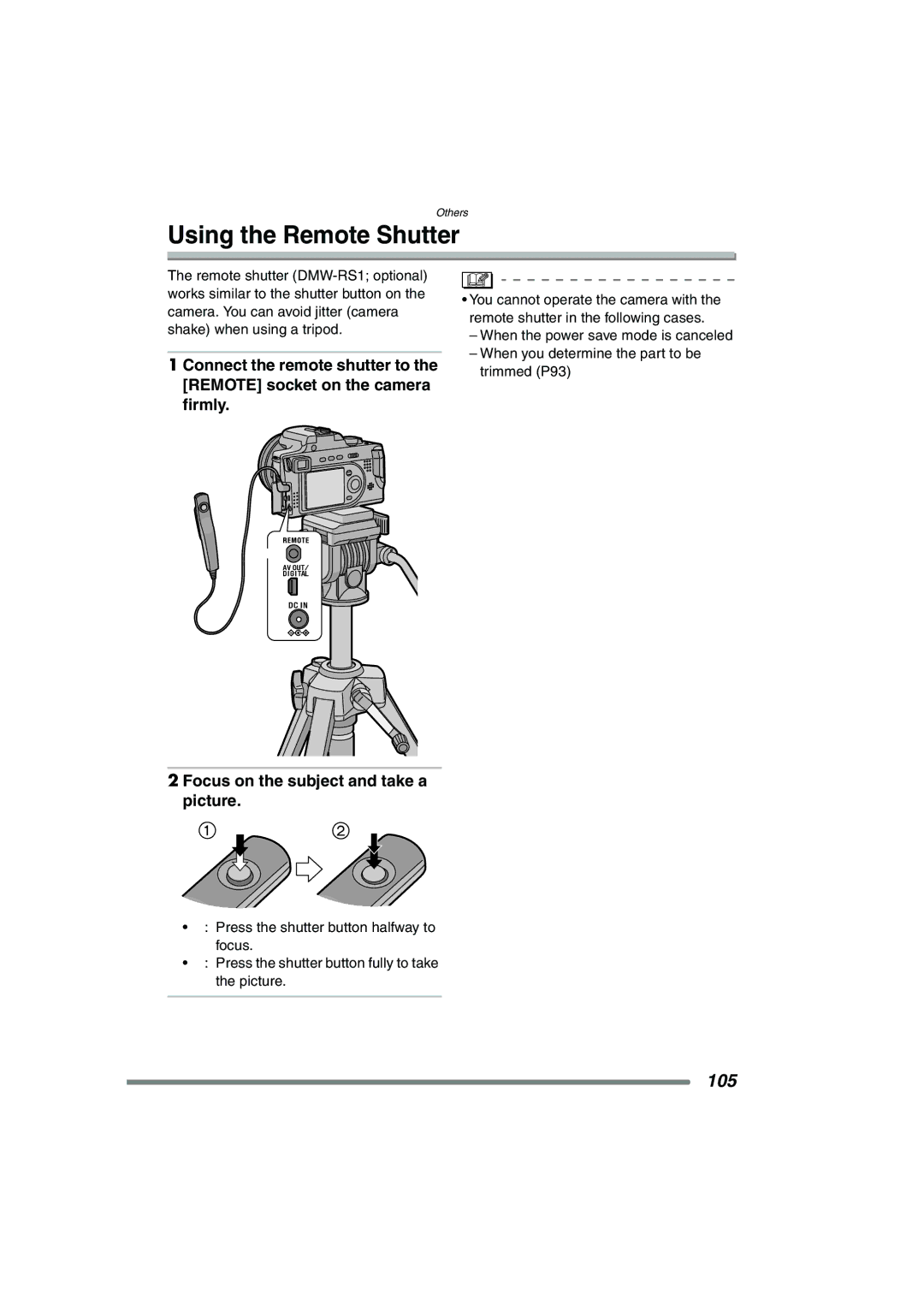 Panasonic DMC-FZ20PP operating instructions Using the Remote Shutter, 105, Focus on the subject and take a picture 