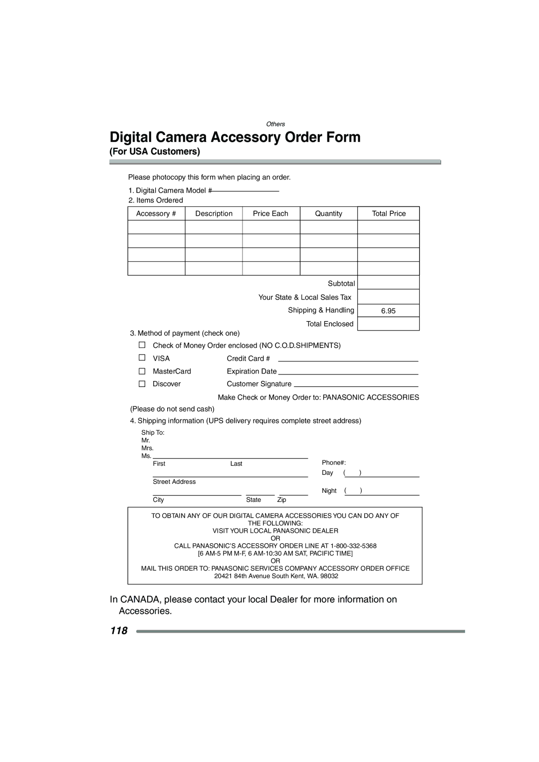 Panasonic DMC-FZ20PP operating instructions Digital Camera Accessory Order Form, 118, For USA Customers 