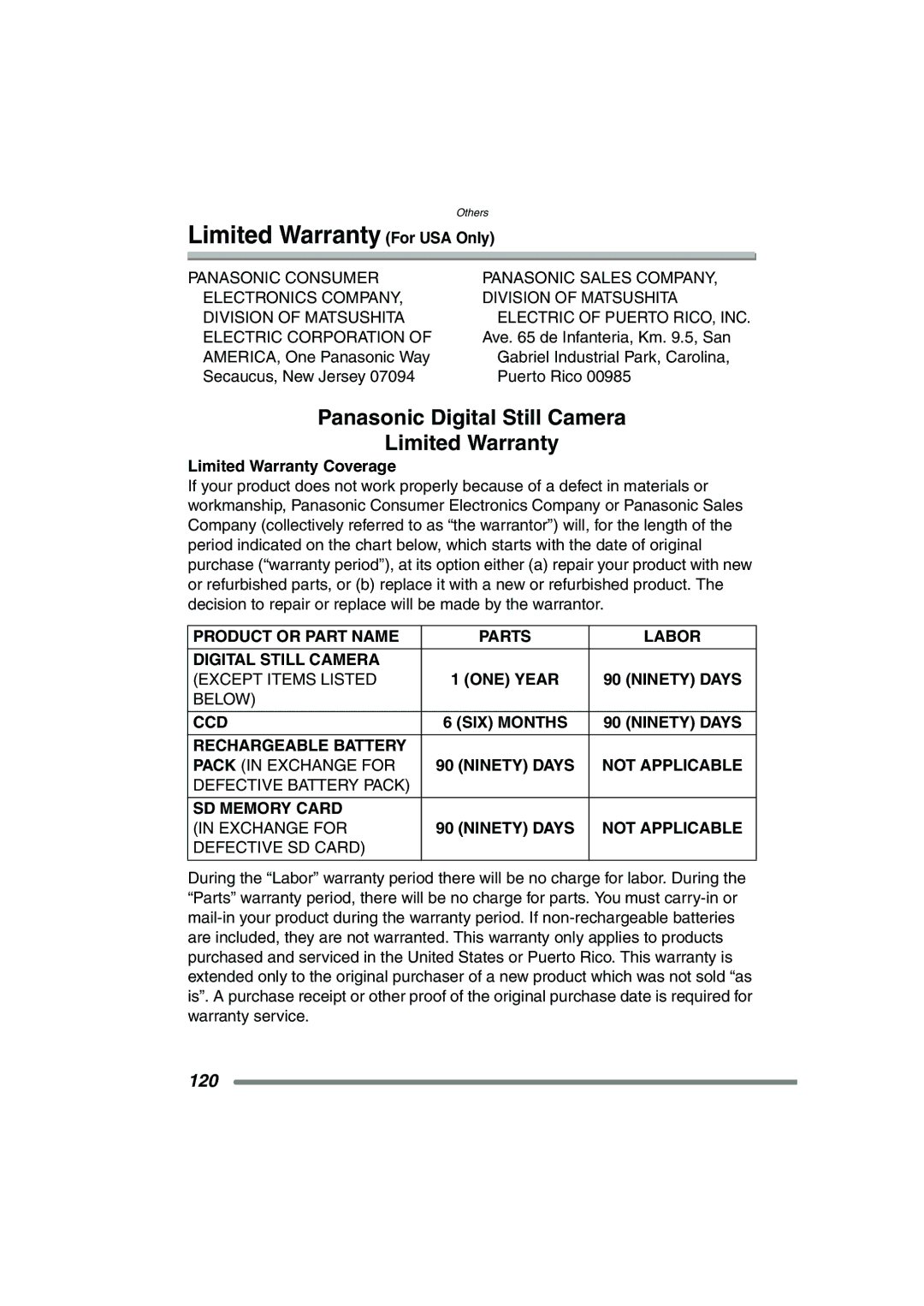 Panasonic DMC-FZ20PP operating instructions Limited Warranty For USA Only, 120, Limited Warranty Coverage 