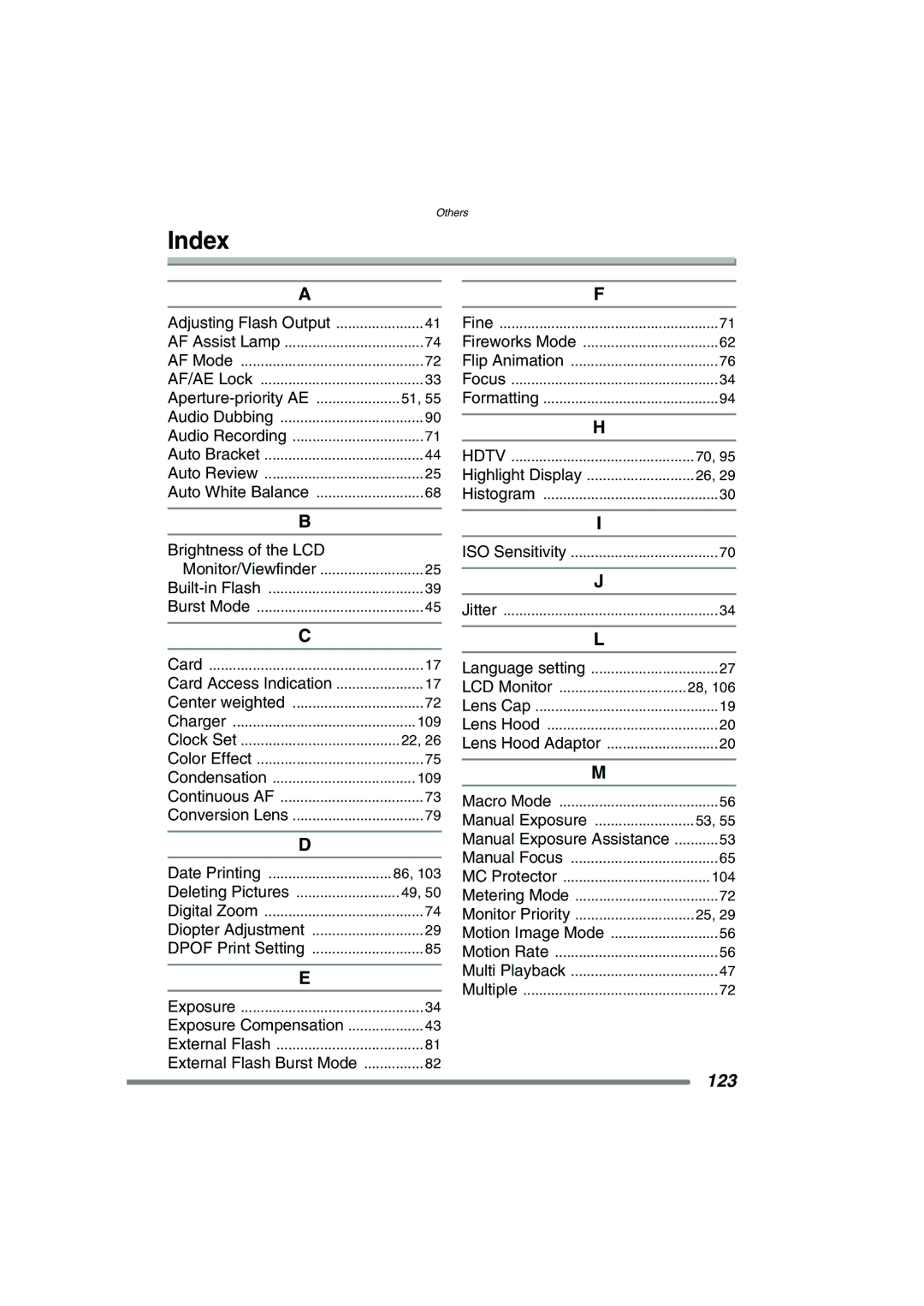 Panasonic DMC-FZ20PP operating instructions Index, 123 