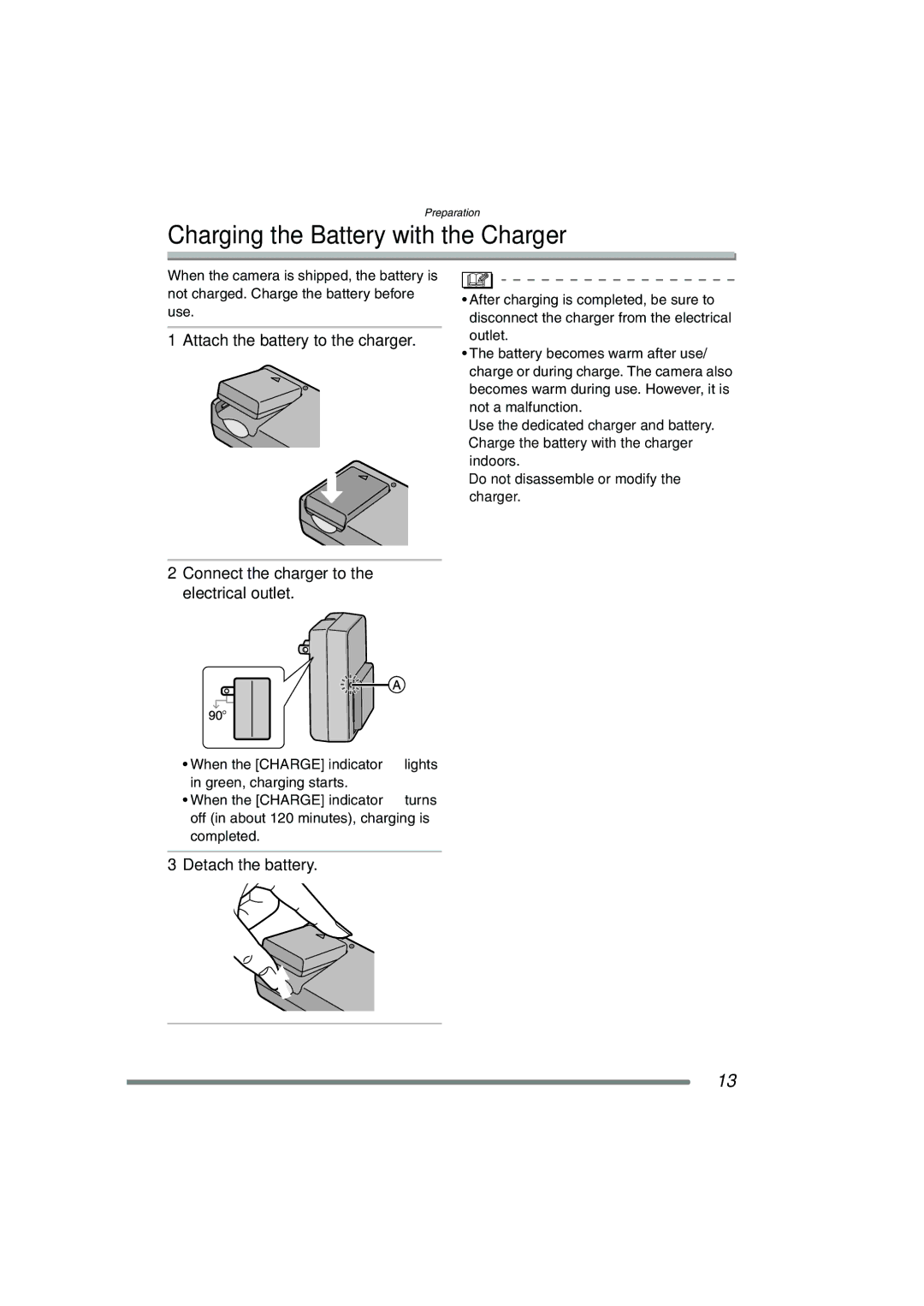 Panasonic DMC-FZ20PP Charging the Battery with the Charger, Attach the battery to the charger, Detach the battery 