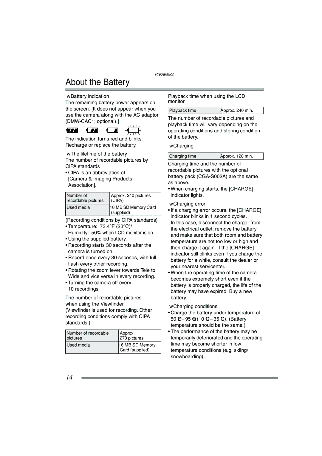 Panasonic DMC-FZ20PP operating instructions About the Battery 