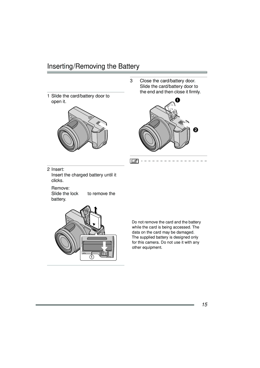 Panasonic DMC-FZ20PP operating instructions Inserting/Removing the Battery, Slide the card/battery door to open it 